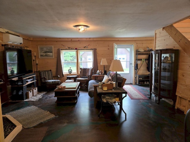 340 Campground Rd, Anson, ME 04958 - living area with wooden walls and an AC wall unit