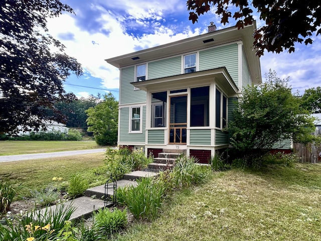 72 Federal Rd, Parsonsfield, ME 04047 - american foursquare style home with a sunroom, a front yard, and a chimney