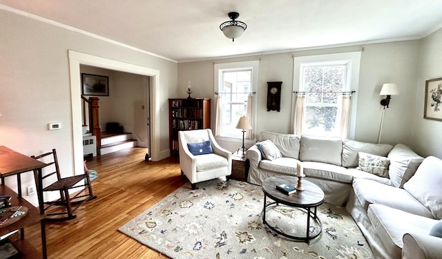 72 Federal Rd, Parsonsfield, ME 04047 - living area with stairs, wood finished floors, crown molding, and radiator heating unit