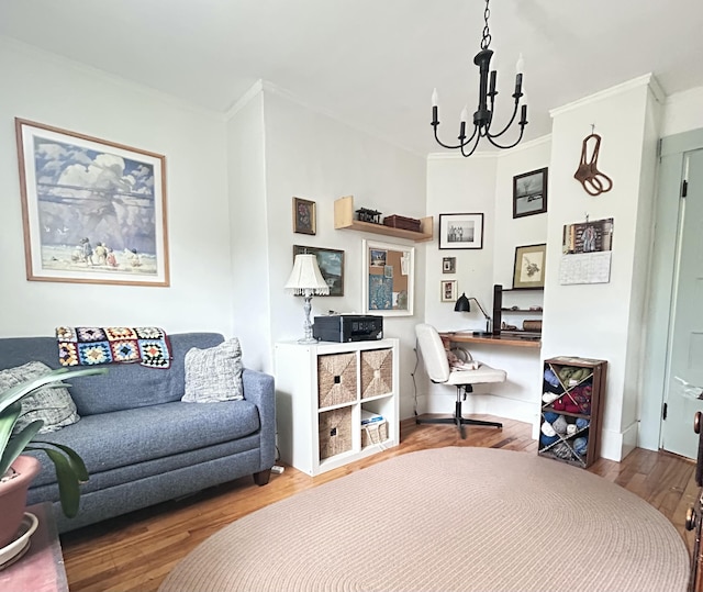 72 Federal Rd, Parsonsfield, ME 04047 - bedroom featuring a chandelier, ornamental molding, wood finished floors, and a desk
