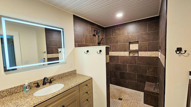 62 Cobb Rd, Stetson, ME 04488 - full bathroom with vanity, a walk in shower, and recessed lighting