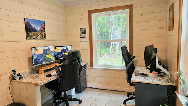 62 Cobb Rd, Stetson, ME 04488 - office space with wood walls, plenty of natural light, and light tile patterned floors