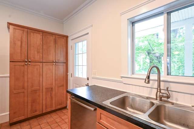 18 Colonial Rd Unit 18, Portland, ME 04102 - kitchen featuring stainless steel dishwasher, brown cabinetry, plenty of natural light, dark countertops, and ornamental molding