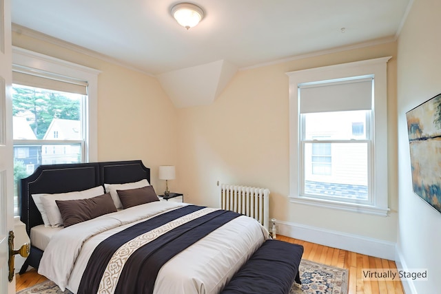 18 Colonial Rd Unit 18, Portland, ME 04102 - bedroom with radiator, multiple windows, ornamental molding, and wood finished floors