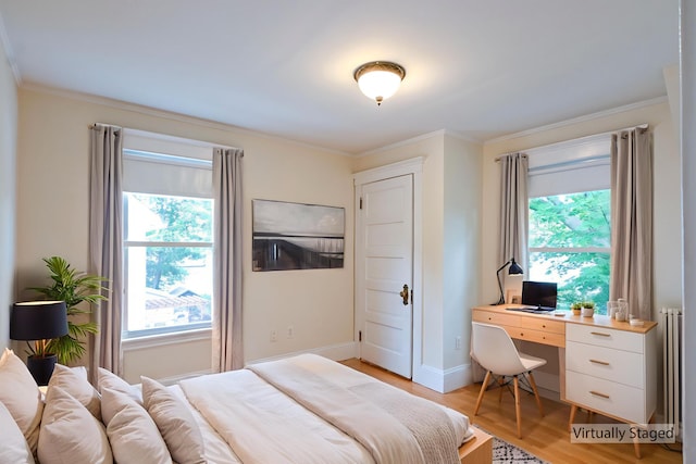 18 Colonial Rd Unit 18, Portland, ME 04102 - bedroom featuring crown molding, multiple windows, light wood finished floors, and a desk