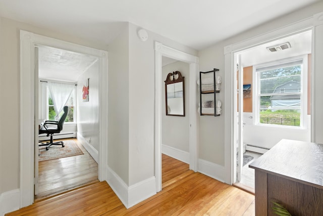 214 S Main St, Auburn, ME 04210 - hall featuring light wood-style flooring, a baseboard radiator, healthy amount of natural light, and a desk