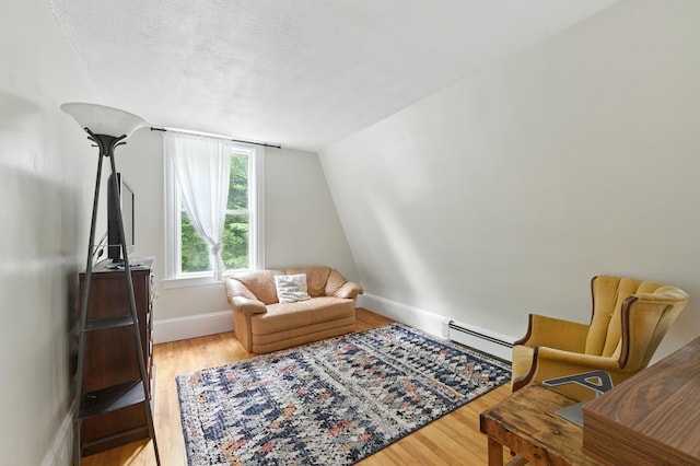 214 S Main St, Auburn, ME 04210 - living area featuring baseboard heating, light wood-style flooring, and vaulted ceiling