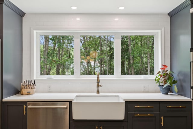 6 Beechwood Ln, Falmouth, ME 04105 - kitchen with stainless steel dishwasher, light countertops, decorative backsplash, and recessed lighting