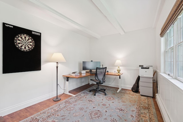 6 Beechwood Ln, Falmouth, ME 04105 - office area with a baseboard radiator, wood finished floors, and beam ceiling