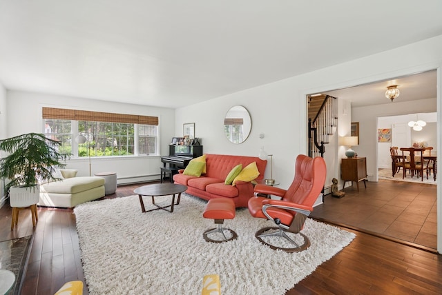 6 Beechwood Ln, Falmouth, ME 04105 - living area with stairway, dark wood-style floors, and a baseboard radiator
