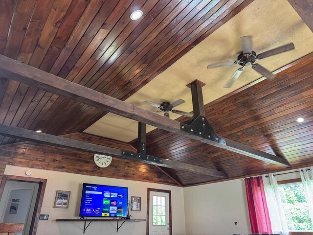 27 Main St, Vassalboro, ME 04989 - detailed view of ceiling fan, a wooden ceiling with exposed beams, and recessed lighting