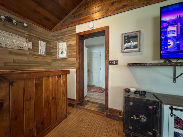27 Main St, Vassalboro, ME 04989 - corridor with wood walls, vaulted ceiling, and wood ceiling