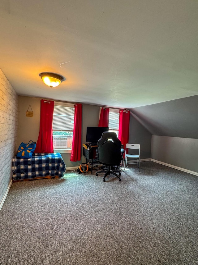 27 Main St, Vassalboro, ME 04989 - carpeted home office with baseboards and lofted ceiling