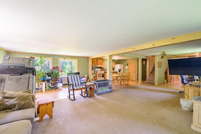 672 Brooks Rd, Knox, ME 04986 - living room featuring stairway and carpet