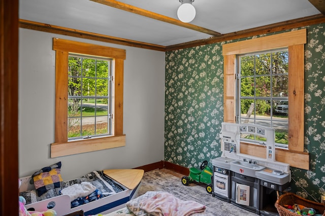 138 Main St, Brownfield, ME 04010 - bedroom with wallpapered walls and ornamental molding