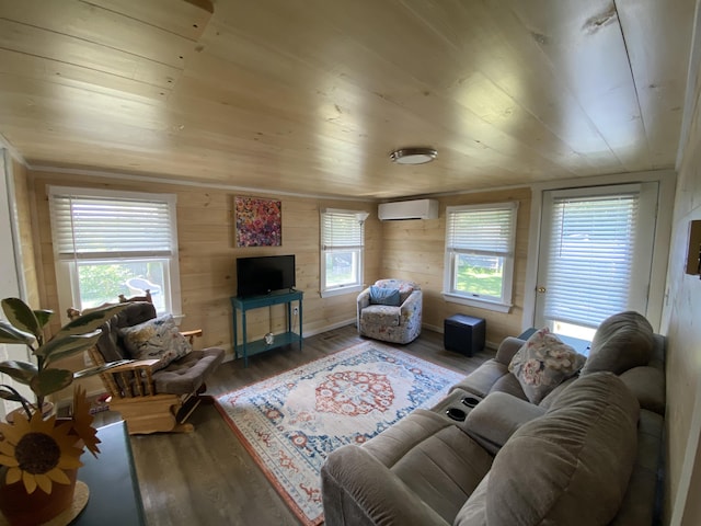 48 Dane Ave, Skowhegan, ME 04976 - living area with wood ceiling, a wall mounted AC, wood finished floors, and wood walls