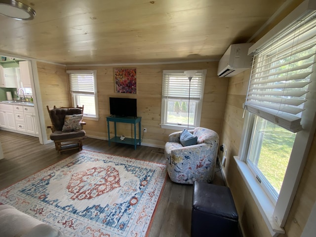 48 Dane Ave, Skowhegan, ME 04976 - living area featuring healthy amount of natural light, a wall unit AC, wood finished floors, wooden walls, and wooden ceiling