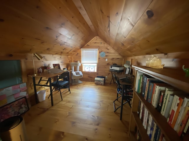 48 Dane Ave, Skowhegan, ME 04976 - home office featuring hardwood / wood-style floors, wood walls, wood ceiling, and lofted ceiling