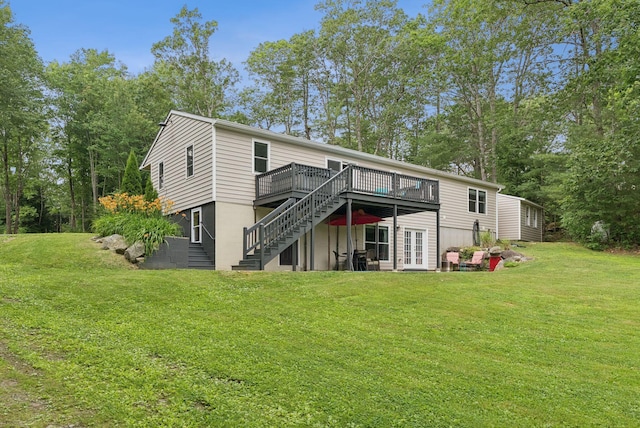 471 Methodist Rd, Westbrook, ME 04092 - back of house featuring a wooden deck, stairs, a yard, and french doors