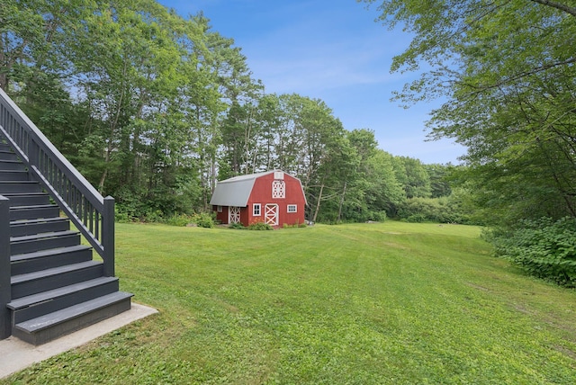 471 Methodist Rd, Westbrook, ME 04092 - view of green lawn with a barn, stairway, an outdoor structure, and a forest view