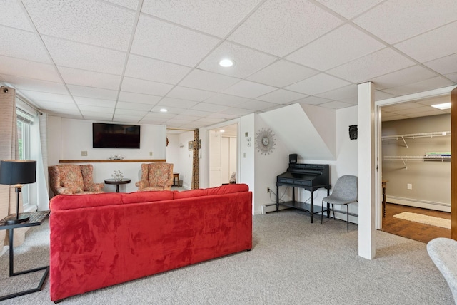 471 Methodist Rd, Westbrook, ME 04092 - carpeted living room with a baseboard radiator, a paneled ceiling, and recessed lighting