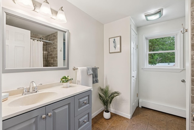 471 Methodist Rd, Westbrook, ME 04092 - full bath featuring baseboard heating, vanity, tiled shower, and tile patterned flooring