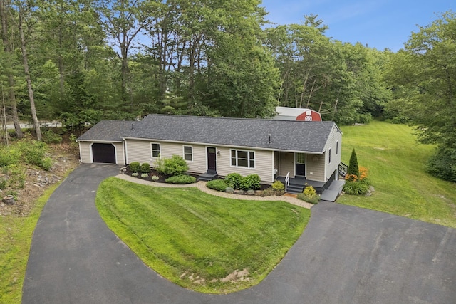 471 Methodist Rd, Westbrook, ME 04092 - ranch-style house with asphalt driveway, a garage, a front lawn, and a shingled roof
