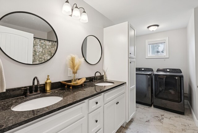 37 Homewood Blvd, Old Orchard Beach, ME 04064 - full bathroom featuring washer and clothes dryer, marble finish flooring, and double vanity