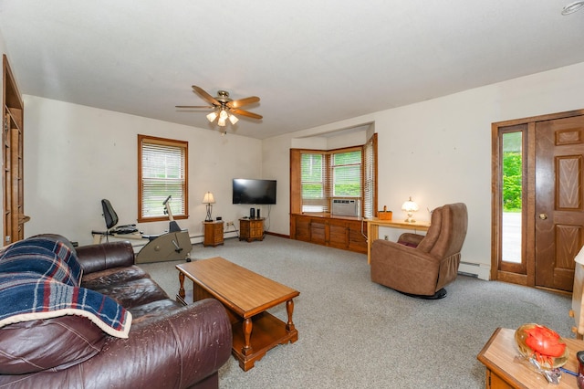2887 Middle Rd, Sidney, ME 04330 - living area featuring a baseboard radiator, carpet, ceiling fan, and cooling unit