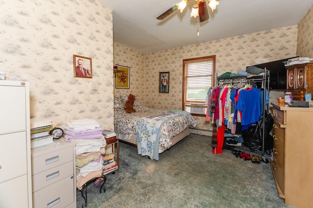 2887 Middle Rd, Sidney, ME 04330 - carpeted bedroom with wallpapered walls and a ceiling fan