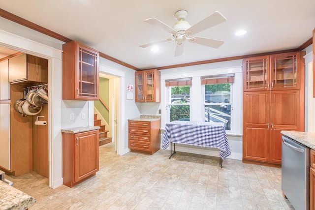 3 N Garand St, Winslow, ME 04901 - kitchen with dishwasher, a ceiling fan, light stone counters, glass insert cabinets, and ornamental molding
