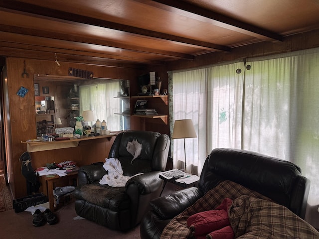 16 Glenwood Ave, Brewer, ME 04412 - living room featuring beam ceiling, wood walls, carpet floors, and plenty of natural light