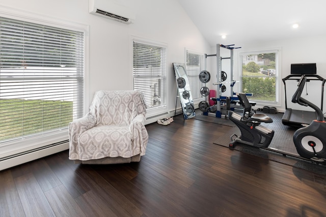 5 Fairview Ave, Auburn, ME 04210 - workout room with a wall mounted air conditioner, vaulted ceiling, and wood finished floors