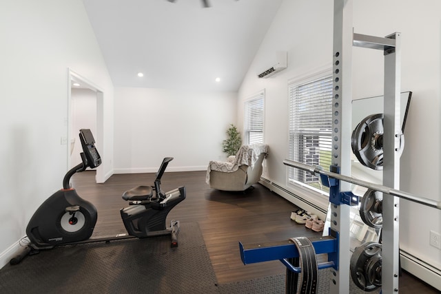 5 Fairview Ave, Auburn, ME 04210 - workout area with a wall mounted AC, a baseboard heating unit, recessed lighting, high vaulted ceiling, and wood finished floors
