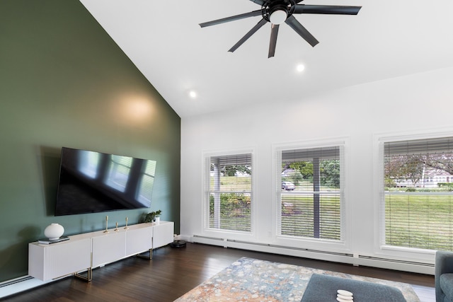 5 Fairview Ave, Auburn, ME 04210 - living room with high vaulted ceiling, baseboard heating, wood finished floors, a ceiling fan, and recessed lighting