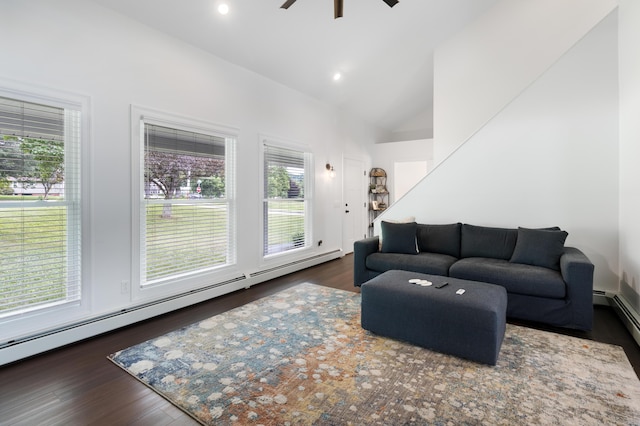 5 Fairview Ave, Auburn, ME 04210 - living area with vaulted ceiling, ceiling fan, wood finished floors, a baseboard heating unit, and recessed lighting