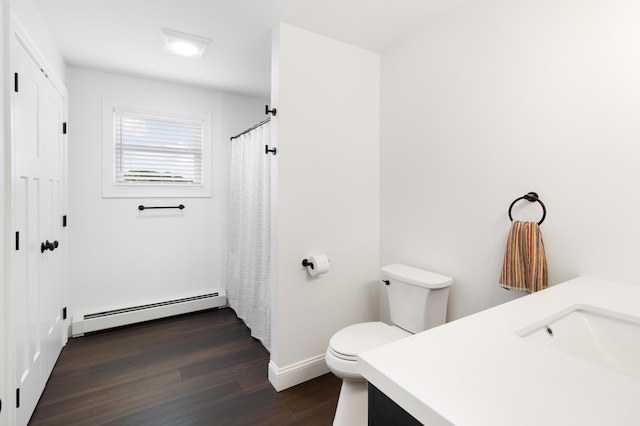 5 Fairview Ave, Auburn, ME 04210 - bathroom with baseboard heating, vanity, wood finished floors, and curtained shower