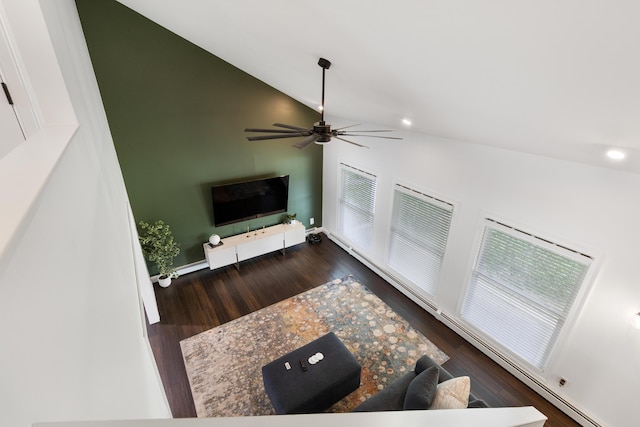 5 Fairview Ave, Auburn, ME 04210 - living room with lofted ceiling, ceiling fan, dark wood-type flooring, and recessed lighting