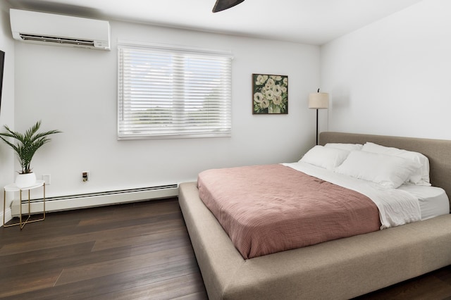 5 Fairview Ave, Auburn, ME 04210 - bedroom with a wall mounted air conditioner, a baseboard heating unit, wood finished floors, and ceiling fan