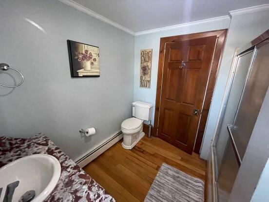 38 Atkinson Rd, Charleston, ME 04422 - full bath featuring a baseboard radiator, wood finished floors, ornamental molding, vanity, and an enclosed shower