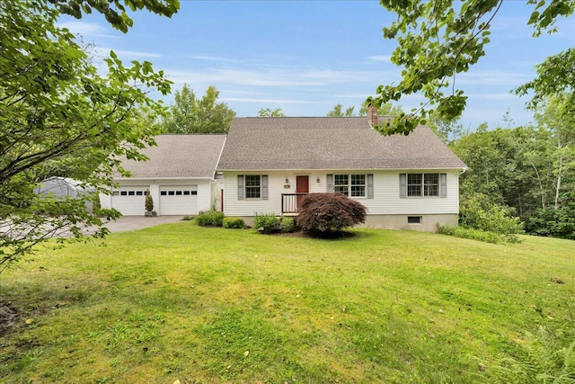 21 Bowling Green Ln, Belfast, ME 04915 - new england style home with a chimney, a garage, a front yard, and driveway