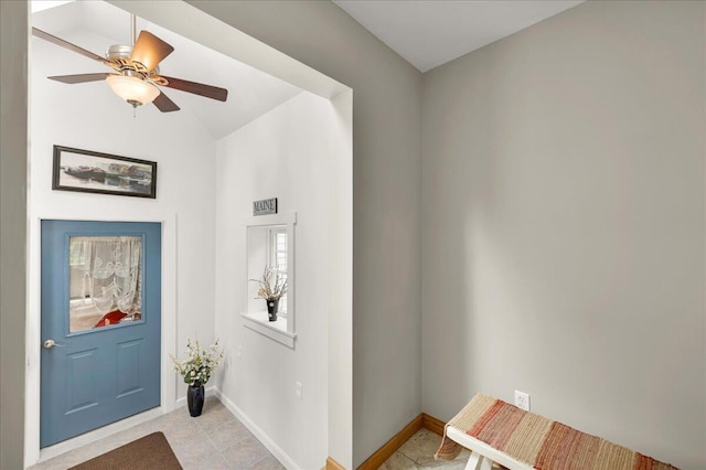 21 Bowling Green Ln, Belfast, ME 04915 - foyer entrance featuring vaulted ceiling, ceiling fan, and light tile patterned floors