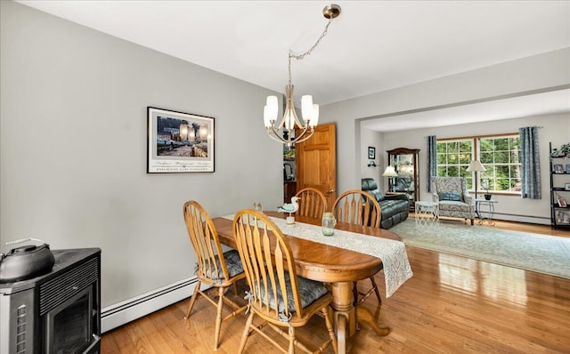 21 Bowling Green Ln, Belfast, ME 04915 - dining area featuring a baseboard radiator, a chandelier, and wood finished floors