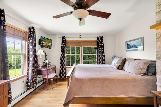 21 Bowling Green Ln, Belfast, ME 04915 - bedroom featuring light wood-style floors, a baseboard heating unit, and a ceiling fan