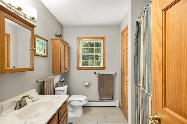 21 Bowling Green Ln, Belfast, ME 04915 - full bath with a baseboard radiator, vanity, and tile patterned floors