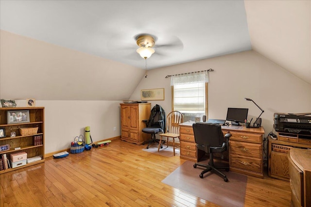 21 Bowling Green Ln, Belfast, ME 04915 - office area featuring vaulted ceiling, light wood finished floors, and a ceiling fan