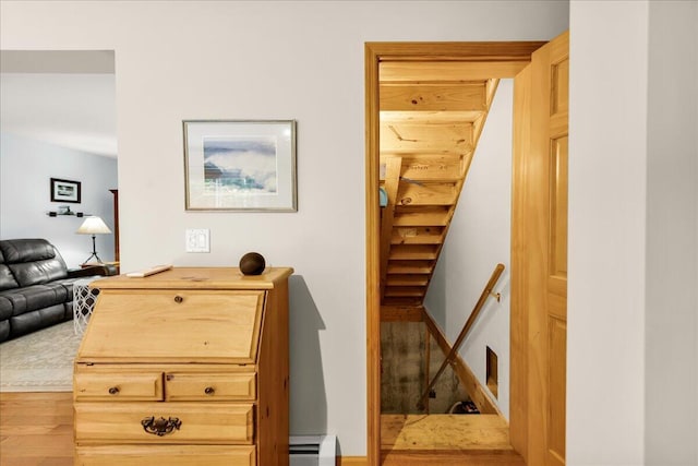 21 Bowling Green Ln, Belfast, ME 04915 - stairway featuring wood finished floors and a baseboard radiator
