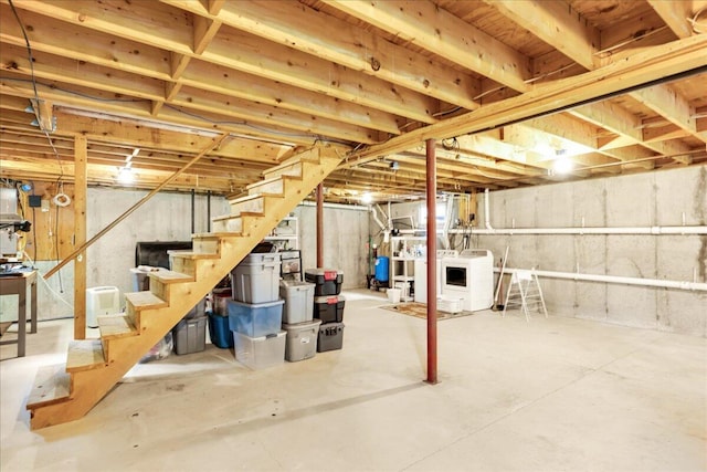 21 Bowling Green Ln, Belfast, ME 04915 - unfinished basement featuring stairs and washer and clothes dryer