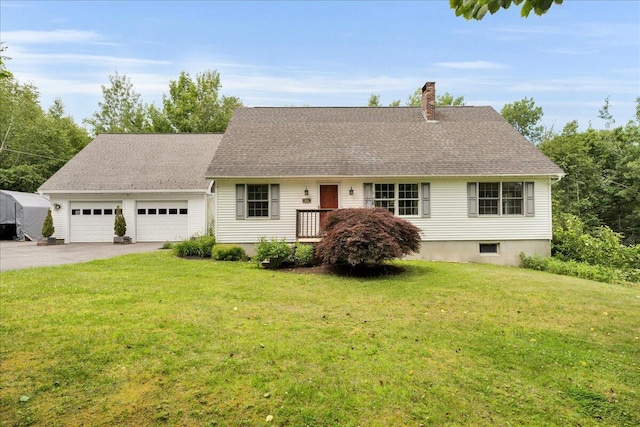 21 Bowling Green Ln, Belfast, ME 04915 - view of front of house featuring asphalt driveway, a chimney, a garage, a front yard, and a shingled roof