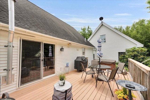 21 Bowling Green Ln, Belfast, ME 04915 - wooden terrace with outdoor dining space and a grill